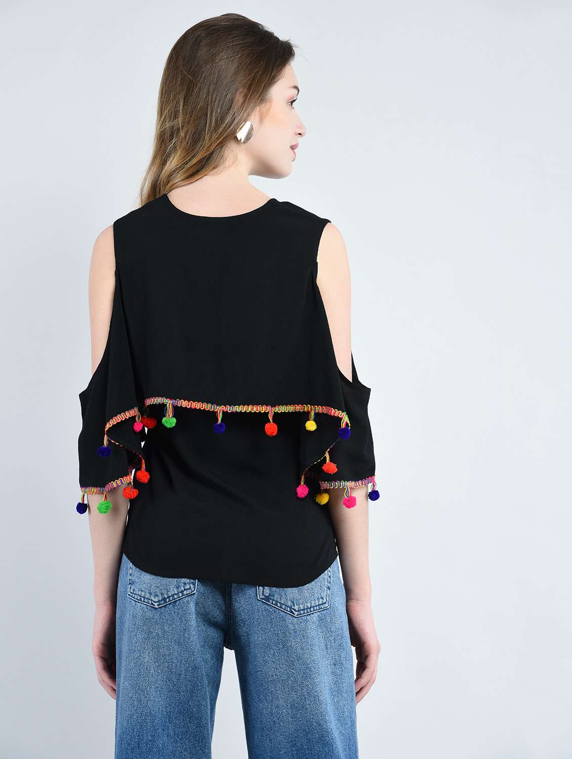 pom pom detail cold shoulder top - 14947074 -  Standard Image - 2