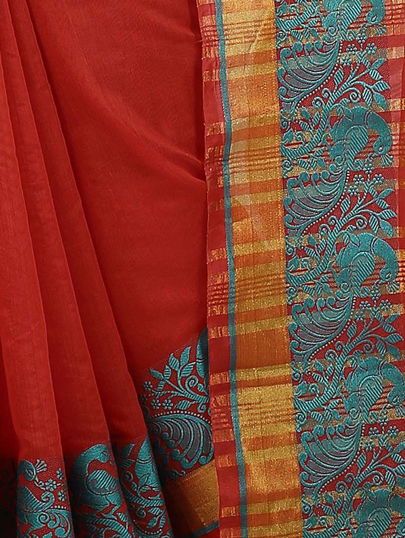 red cotton silk chanderi saree with blouse - 14949994 -  Standard Image - 2