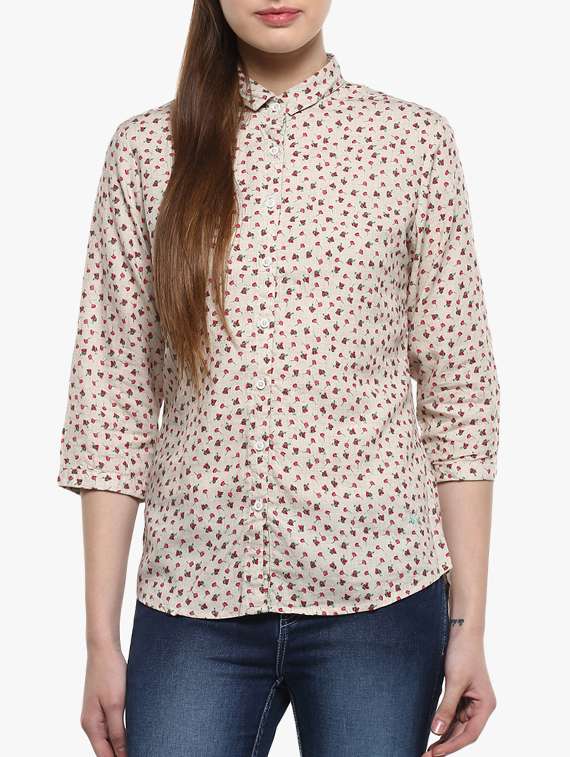 beige floral linen shirt