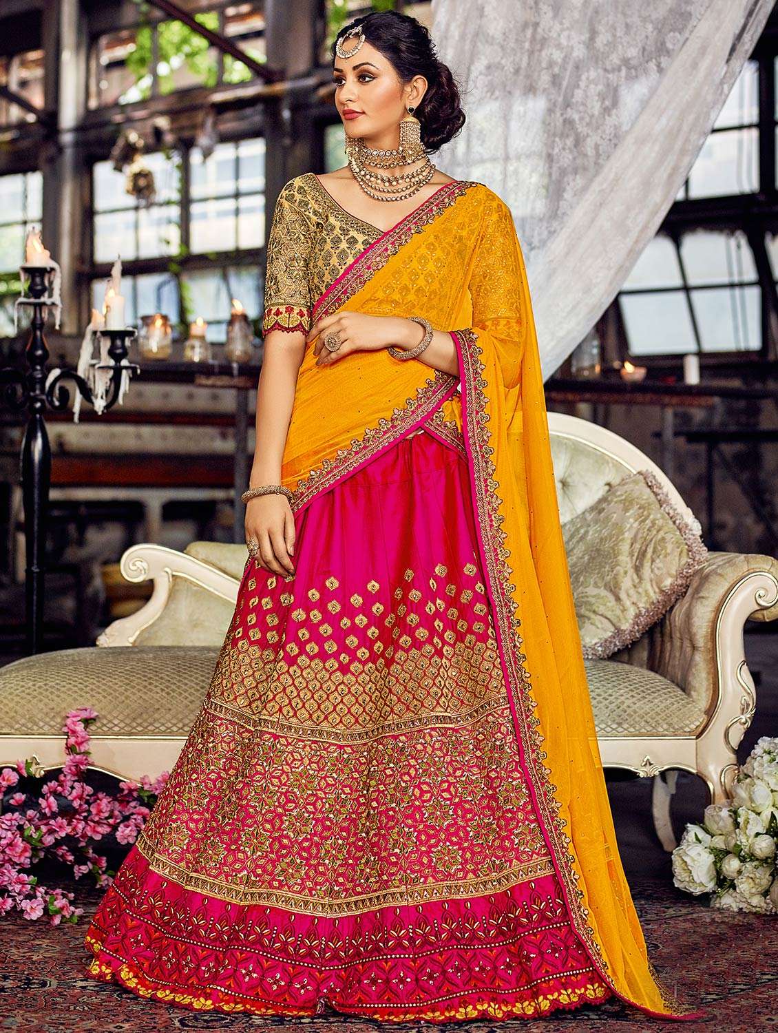 pink silk semi-stitched flared lehenga
