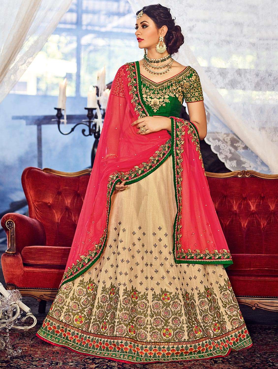 beige chanderi semi-stitched flared lehenga