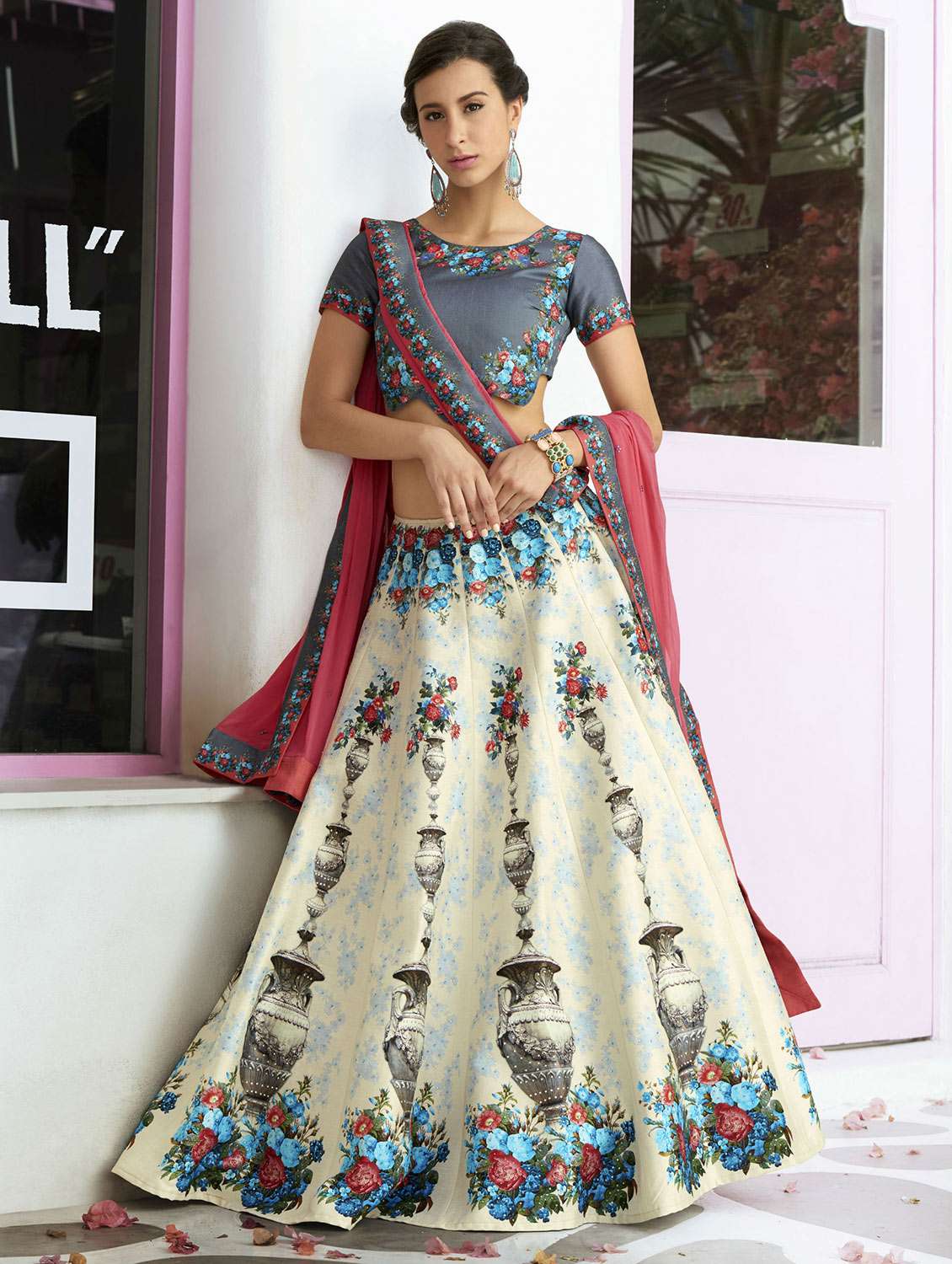 white silk panelled lehenga
