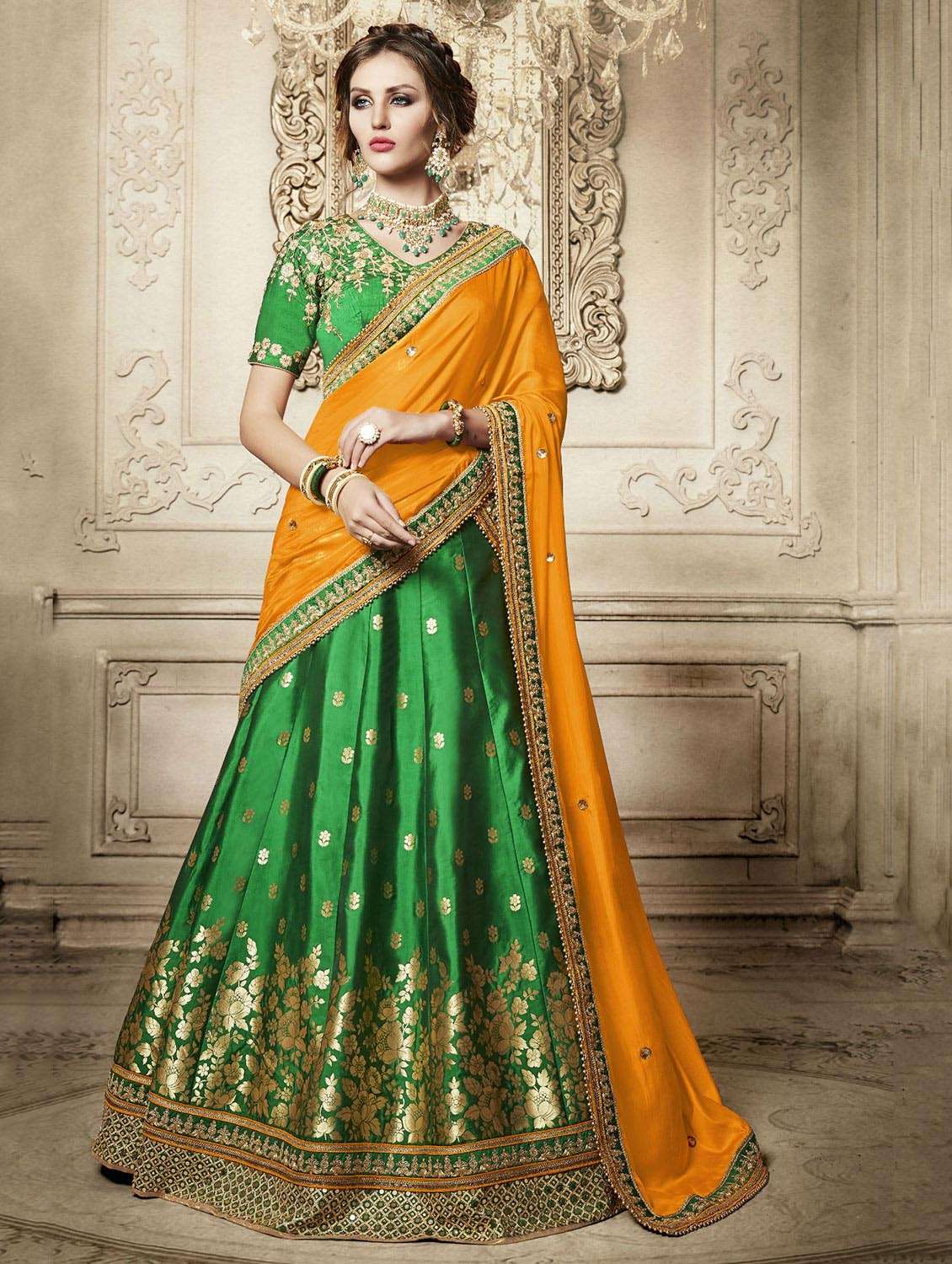 green silk flared lehenga