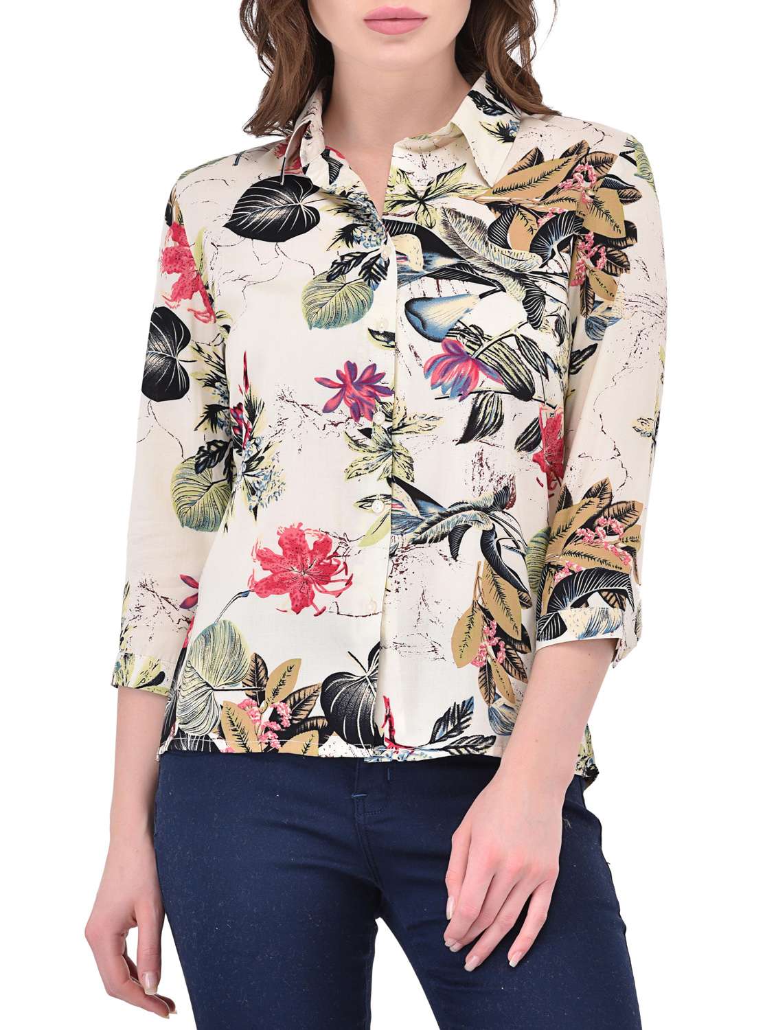 tropical print high-low shirt