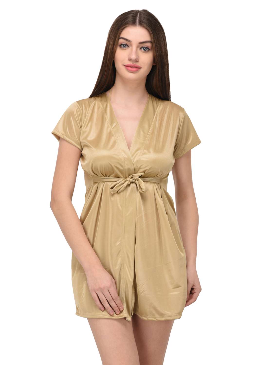 beige satin sleepwear robe with bra panty set