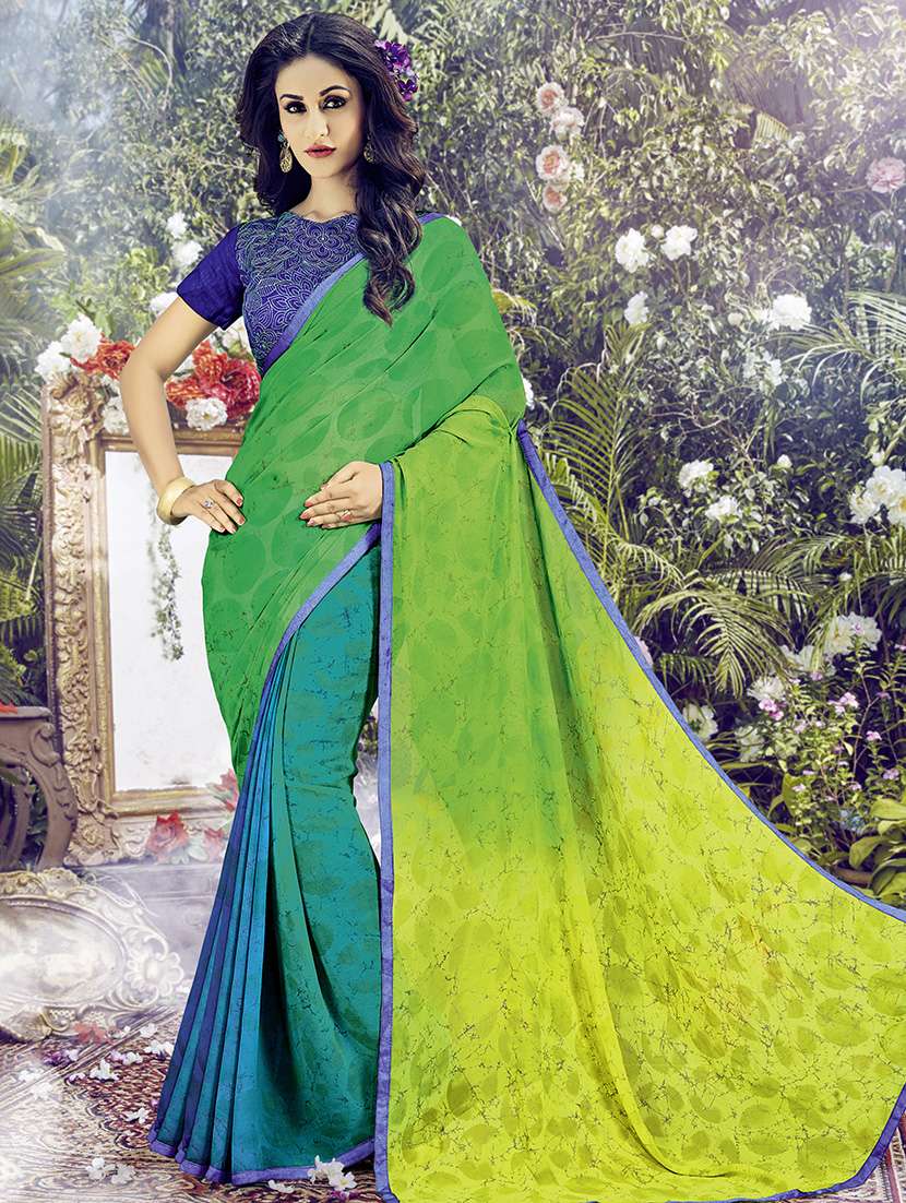 green georgette printed saree