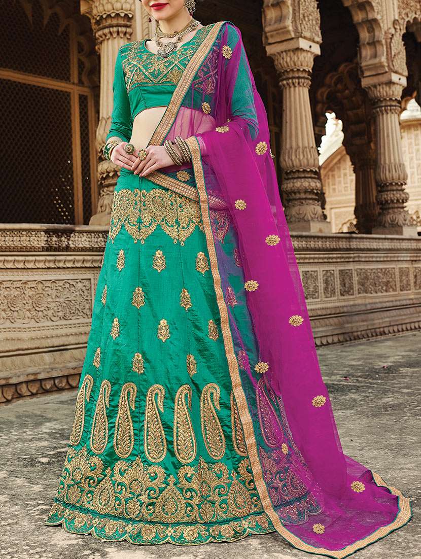 green silk flared lehenga
