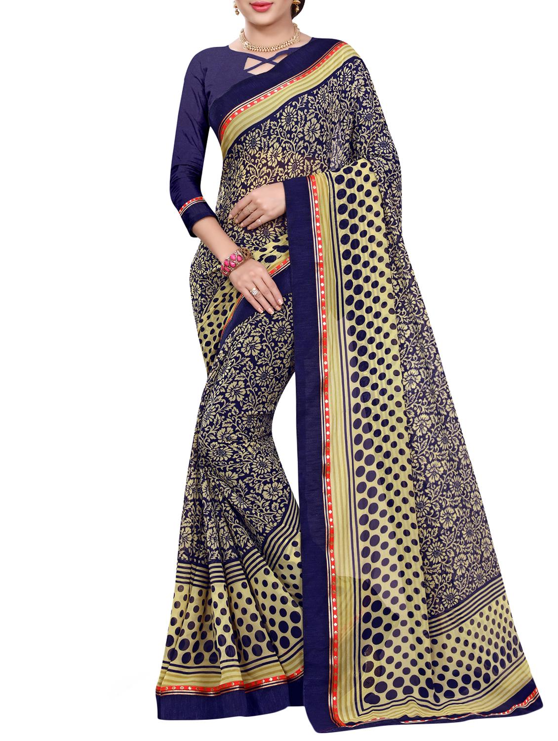 women's printed navy blue colored saree with blouse - 14969619 - Zoom Image - 0