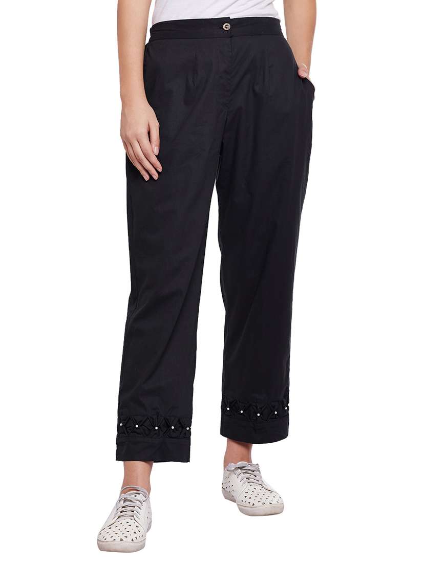 black solid cotton flat front trouser