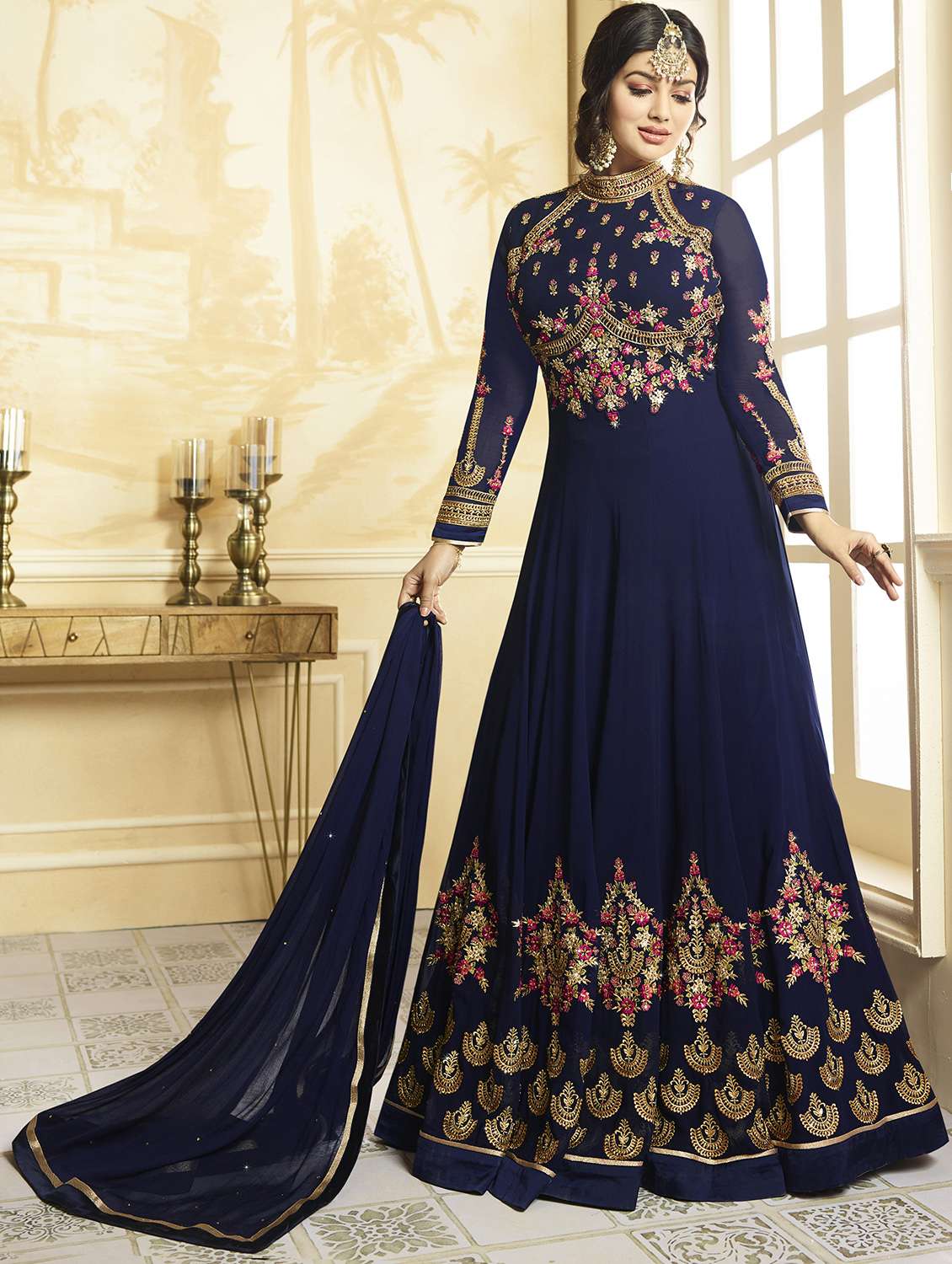 blue embroidered semi-stitched anarkali suit