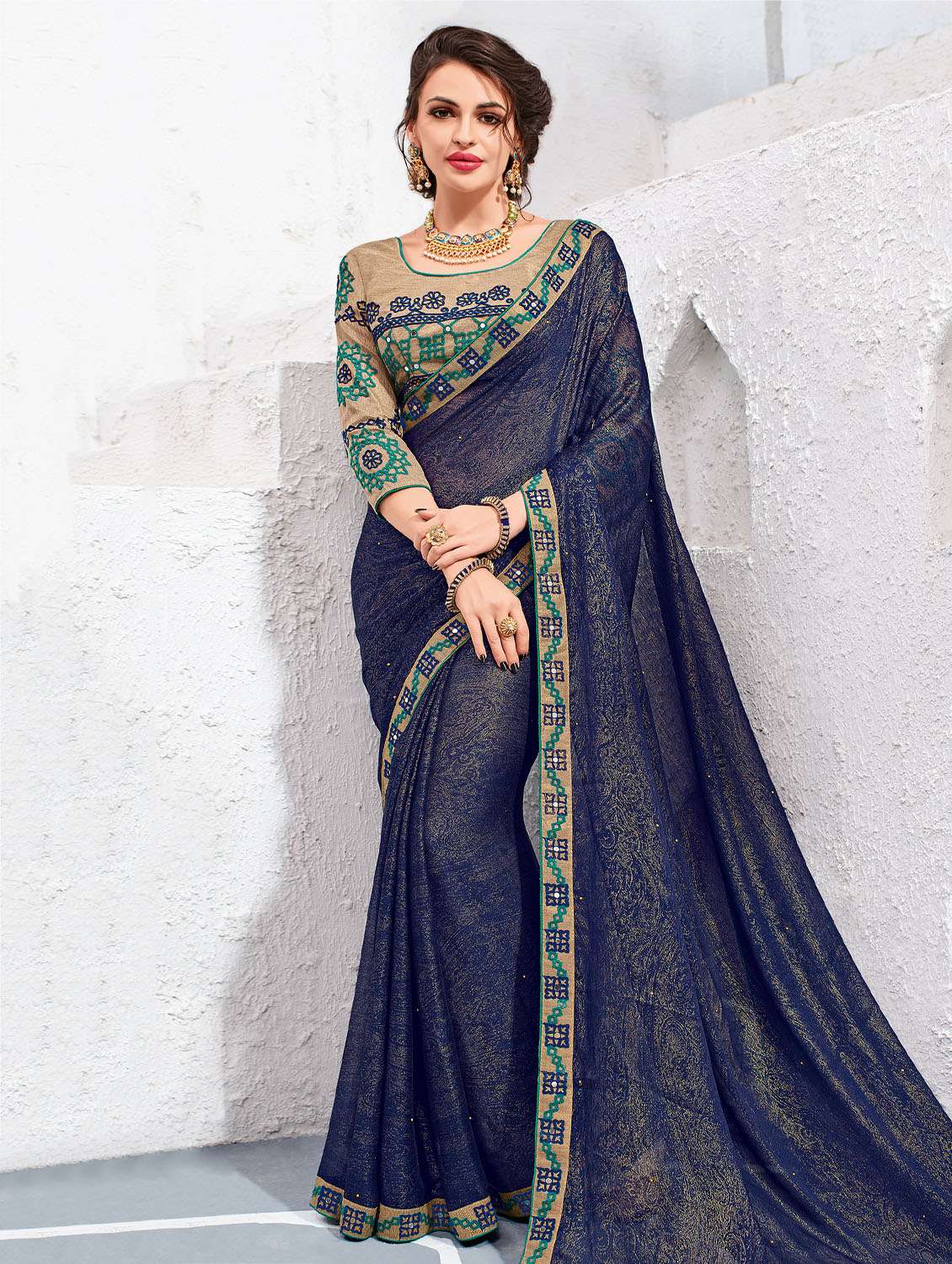 blue chiffon printed saree with blouse