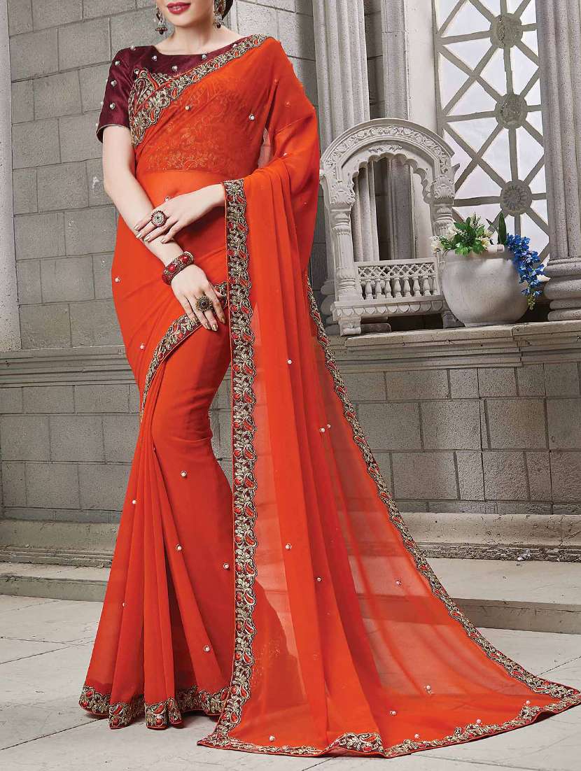 orange georgette embellished saree with blouse