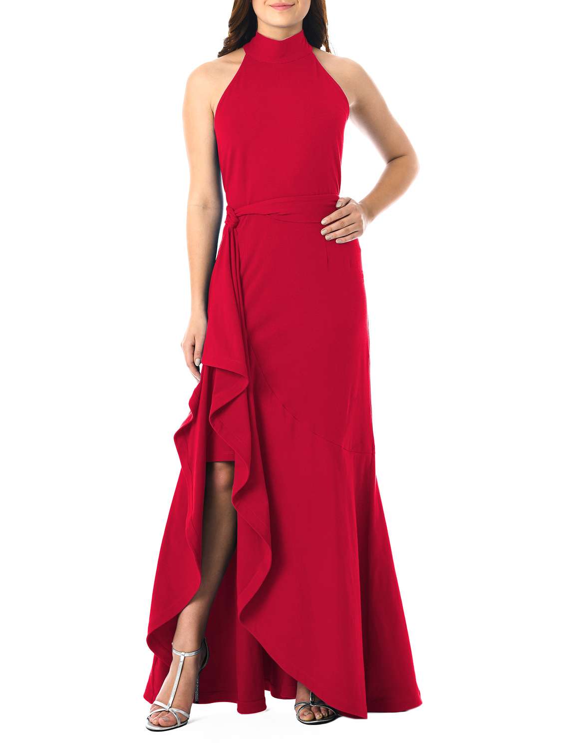 ruffle detail high slit dress