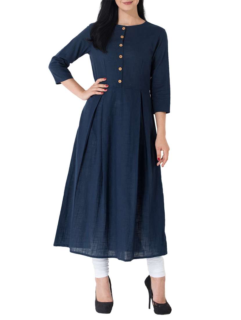 blue cotton solid flared kurta