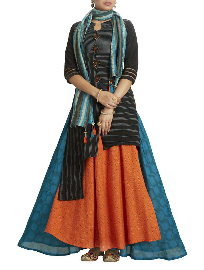 embroidered asymmetric kurta with skirt suit set