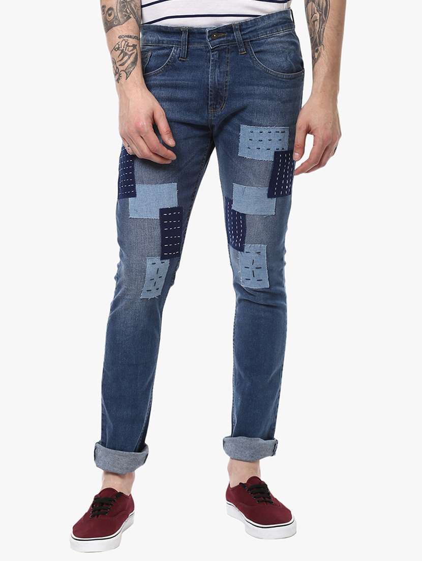 blue cotton patched jeans