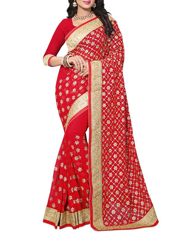 red georgette embroidered saree with blouse