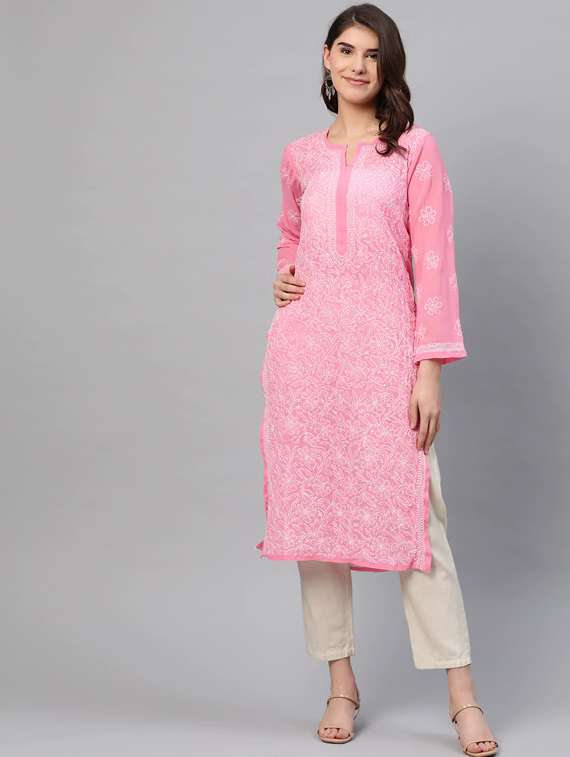 pink color knee length chikankari women kurta