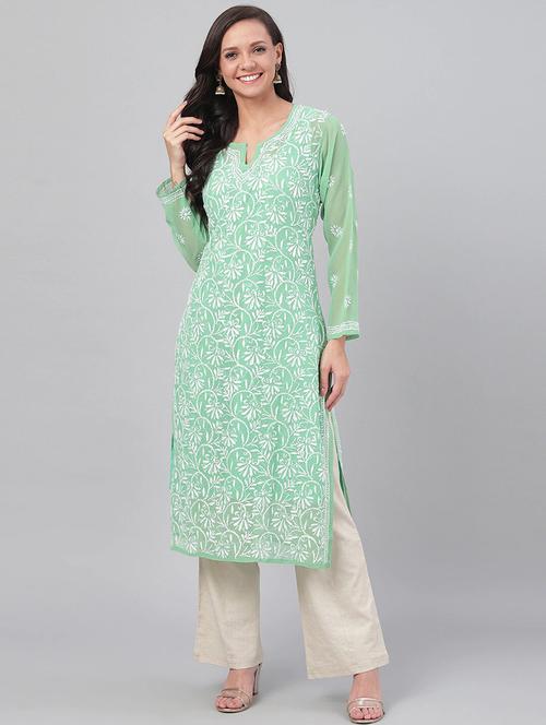 georgette full chikankari work green women straight kurta - 15005370 -  Standard Image - 0