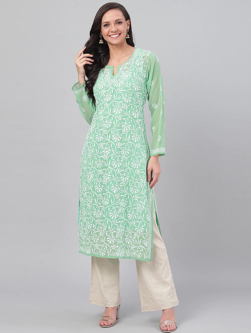 georgette full chikankari work green women straight kurta - 15005370 -  Zoom Image - 0