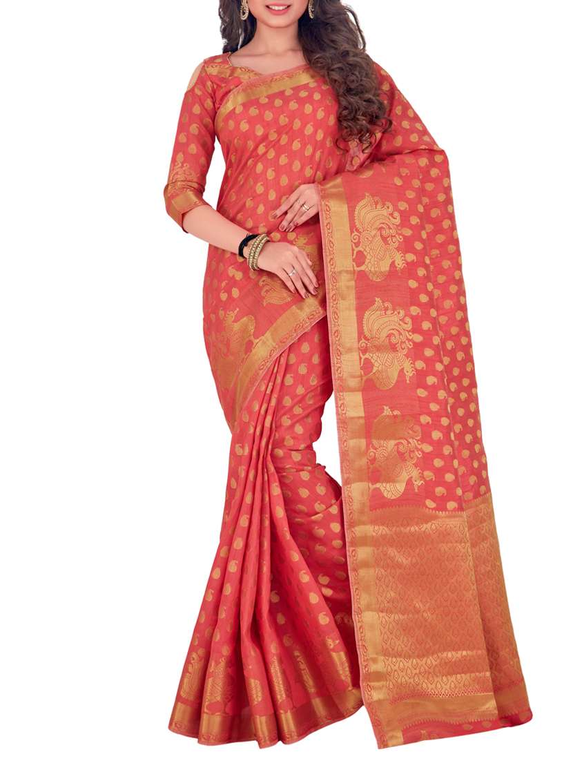 women's self design orange colored saree with blouse