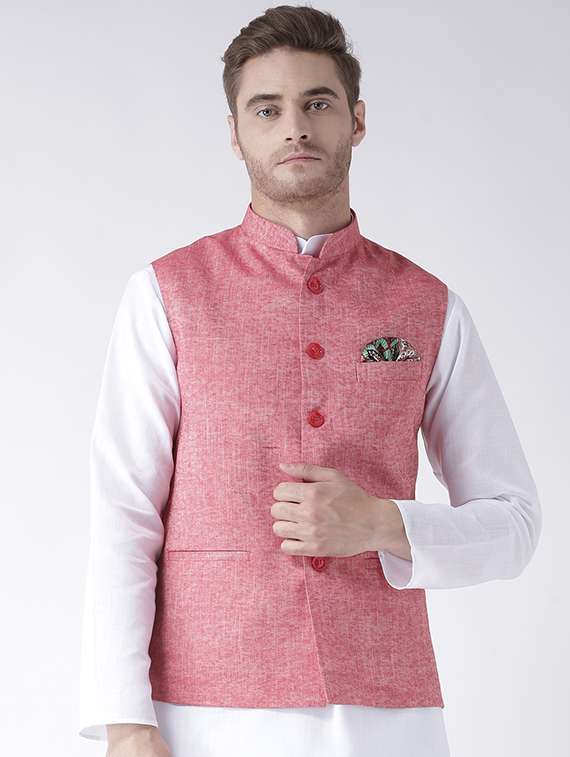 red linen nehru jacket