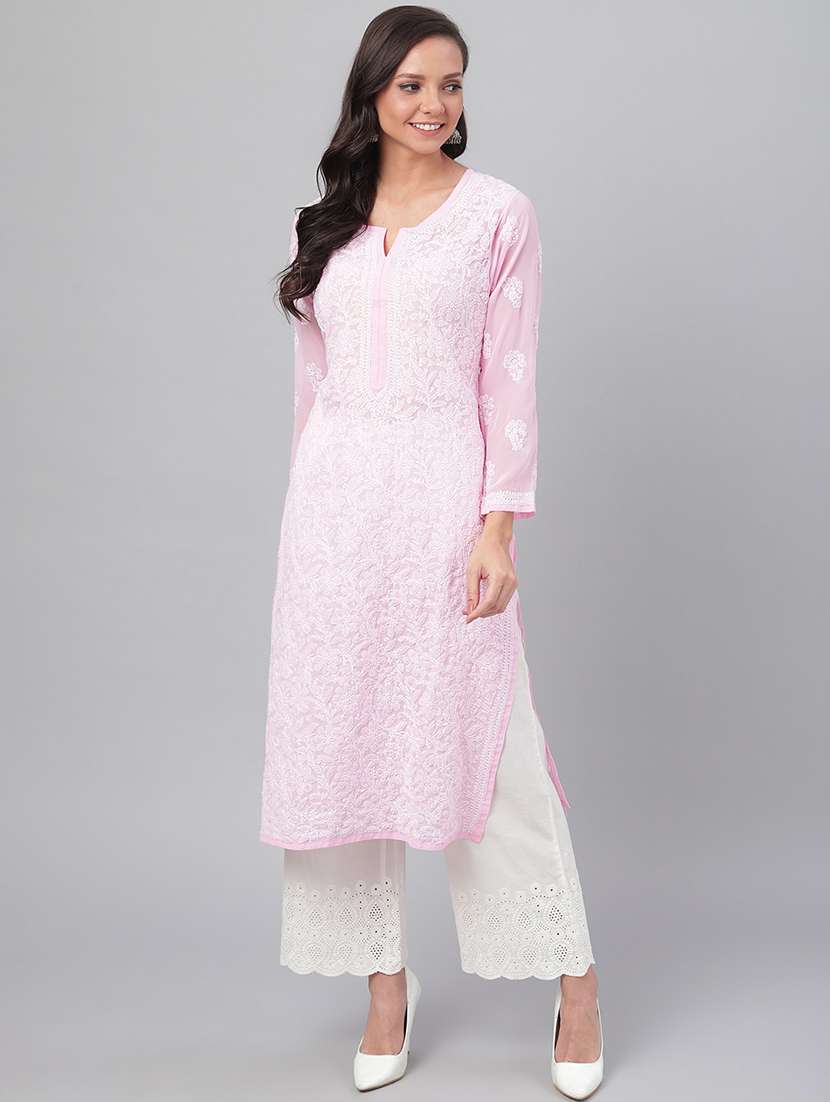 pink georgette long straight chikankari kurta 