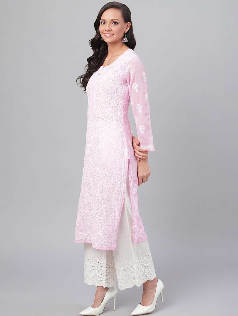 pink georgette long straight chikankari kurta  - 15006712 -  Standard Image - 2