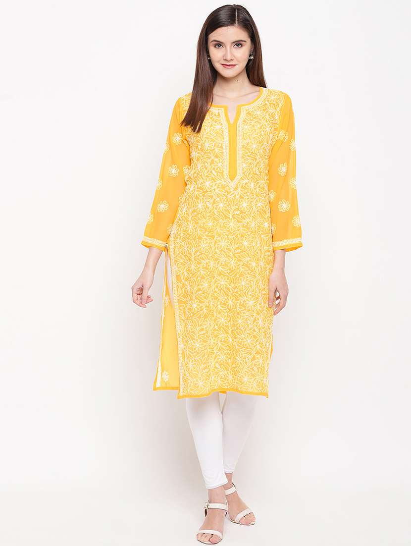 yellow georgette knee length chikankari kurta - 15006713 - Zoom Image - 0