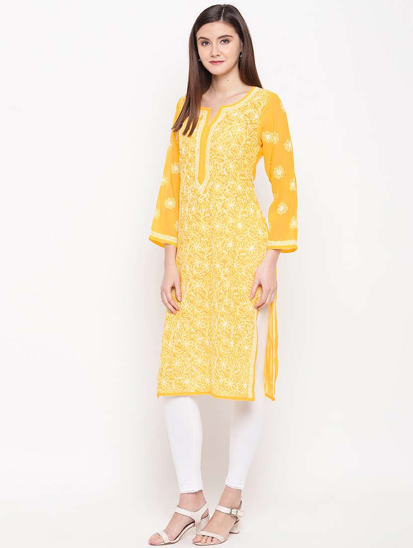 yellow georgette knee length chikankari kurta - 15006713 - Standard Image - 2
