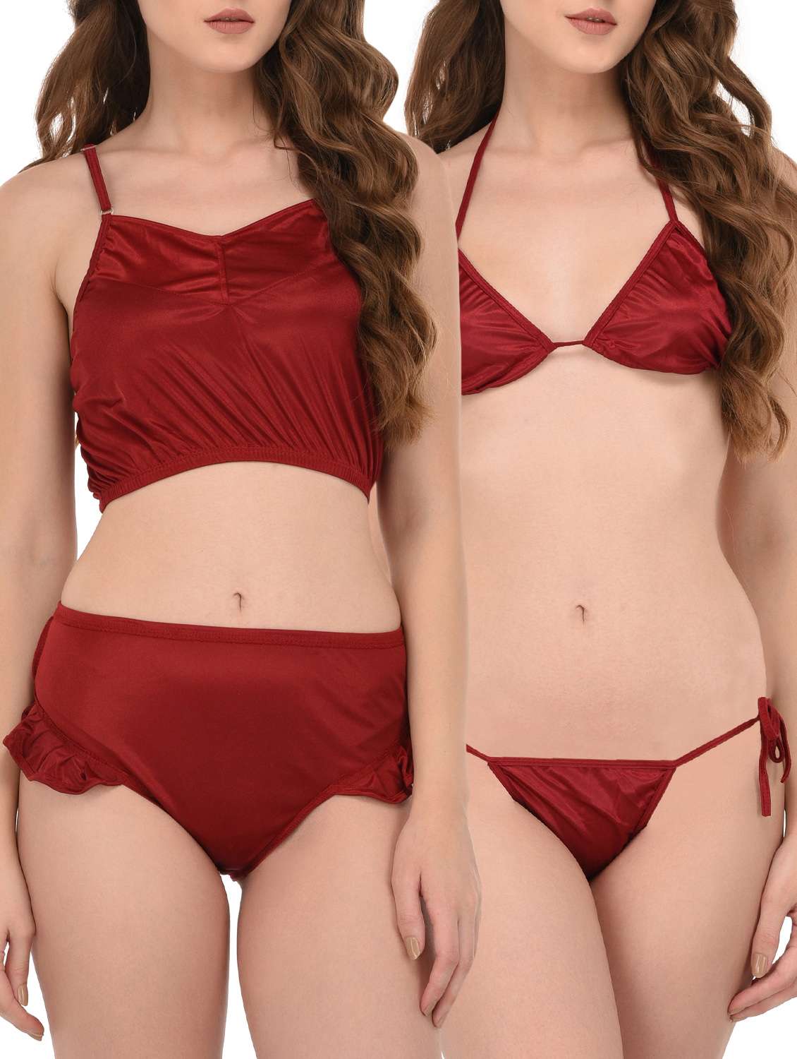 set of 2 maroon satin bikini