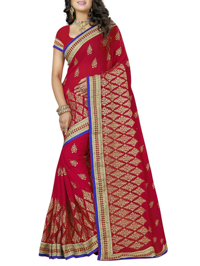 red georgette embroidered saree with blouse