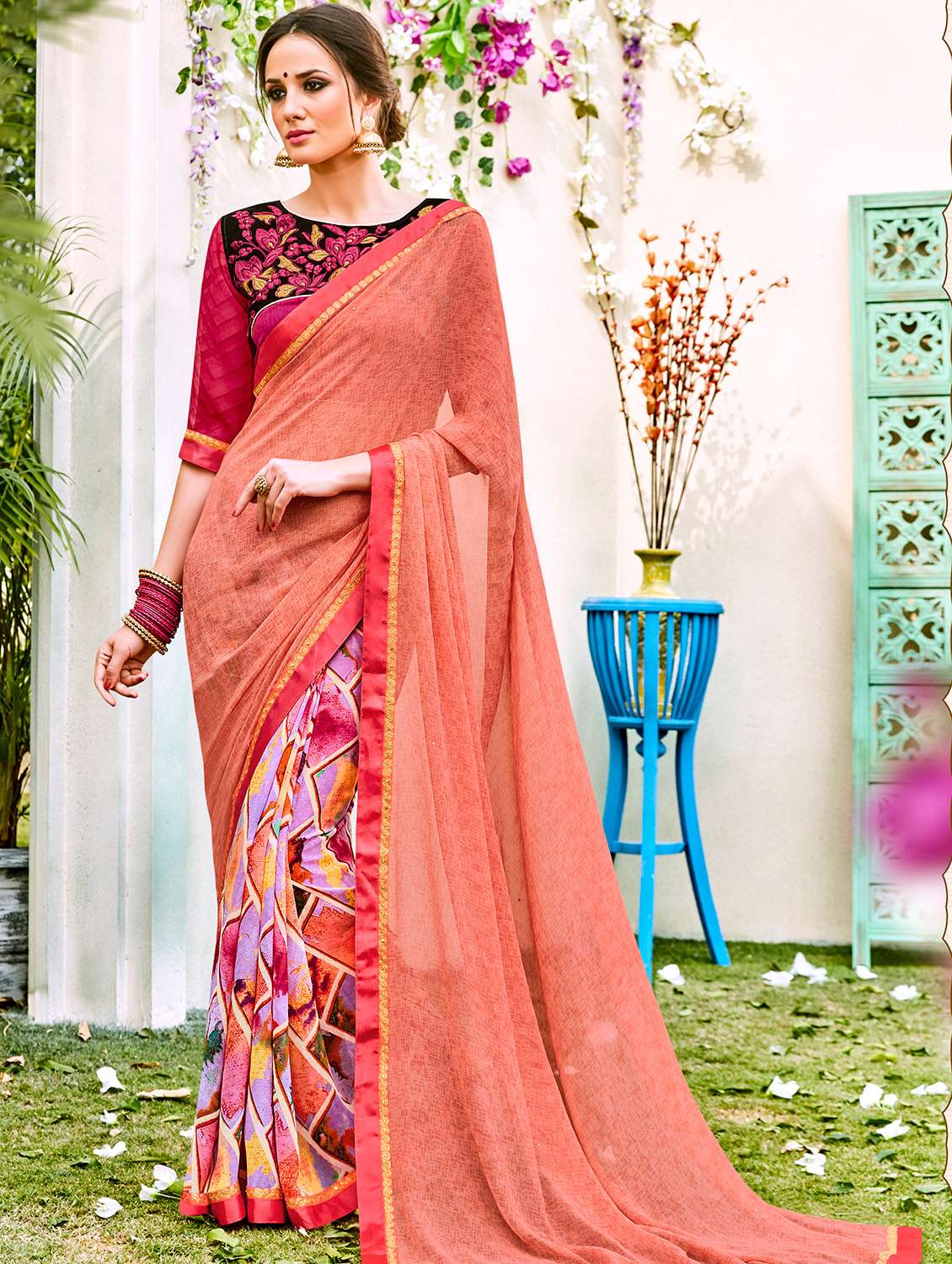 peach georgette half and half saree with blouse