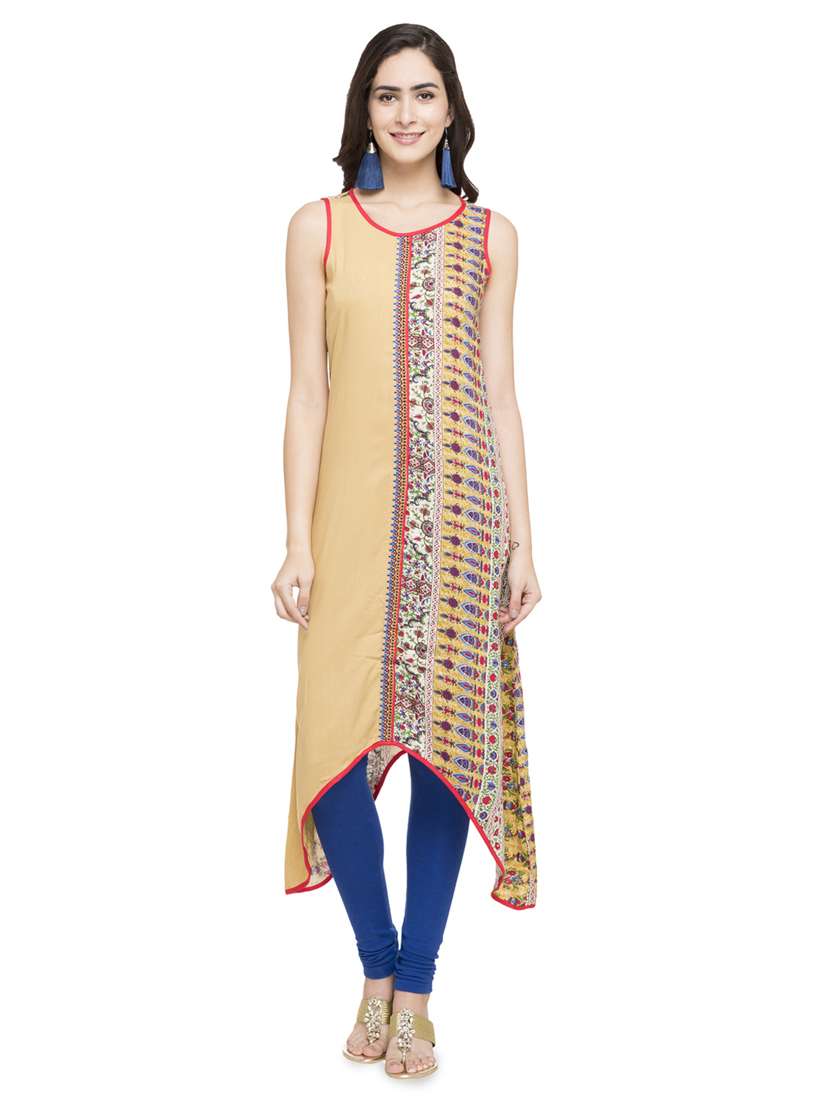 beige cotton blend asymmetric kurta
