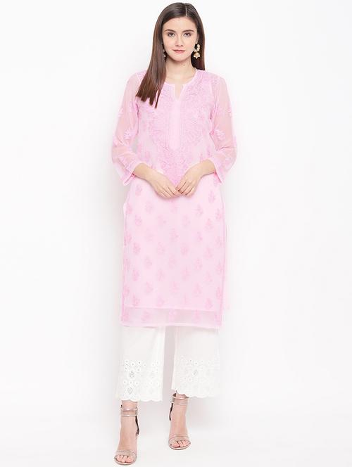 beautiful pink semi transparent georgette chikankari lucknowi kurta - 15015557 -  Standard Image - 0