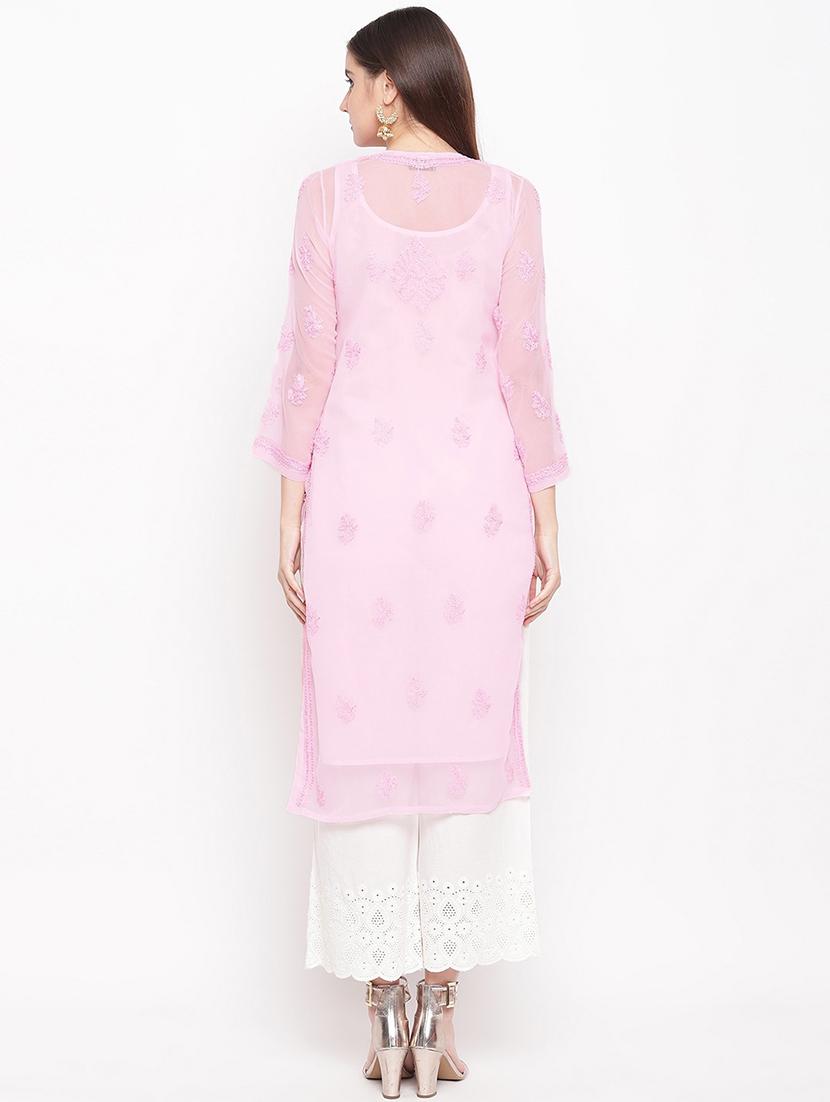 beautiful pink semi transparent georgette chikankari lucknowi kurta - 15015557 - Standard Image - 2