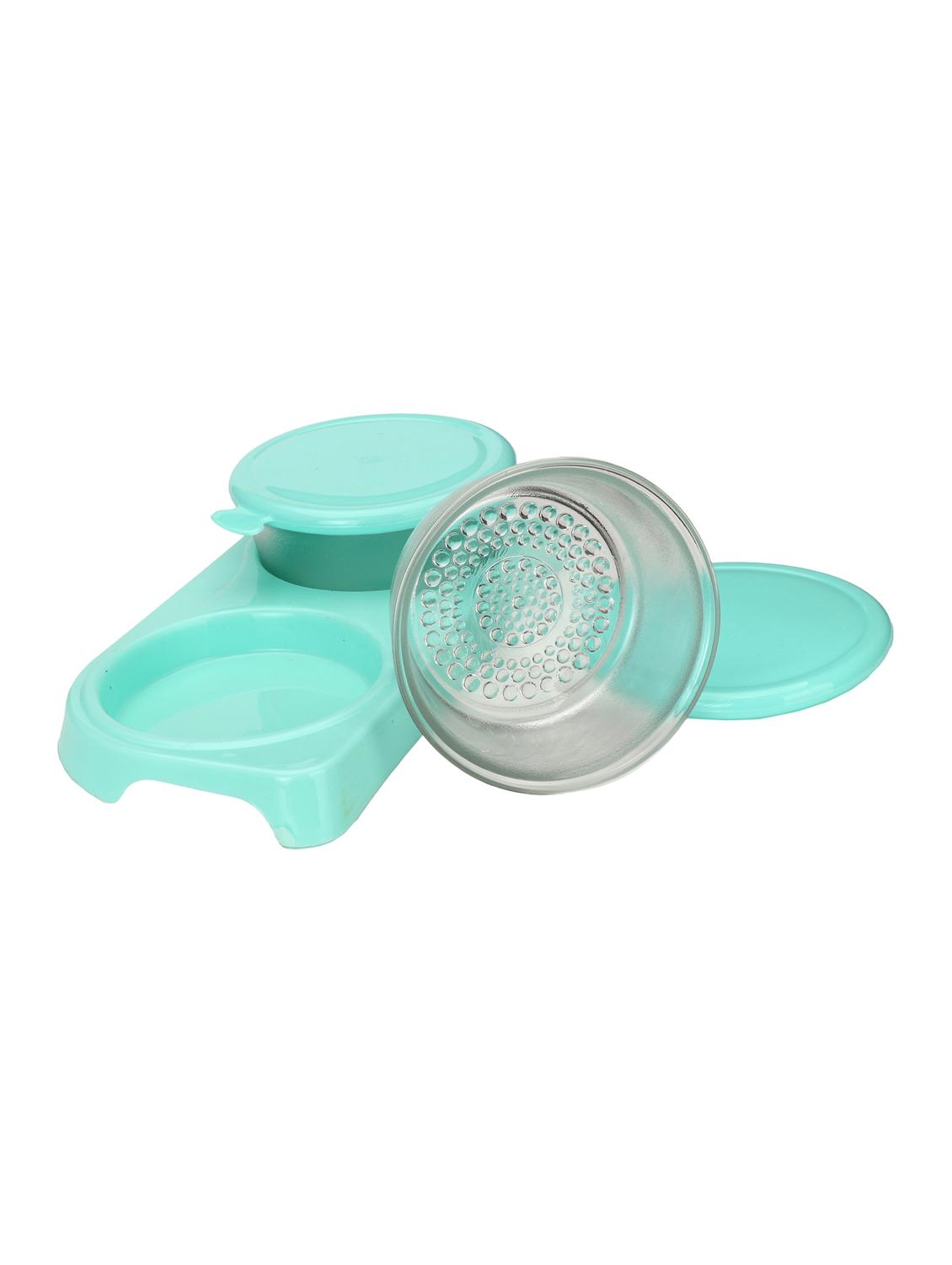 transparent glass container set with colorful plastic lid & easy to carry tray (set 2+1) - 15016231 - Standard Image - 2