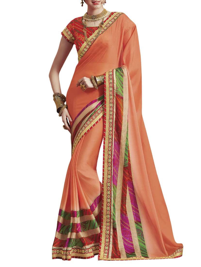 peach georgette bordered saree with blouse