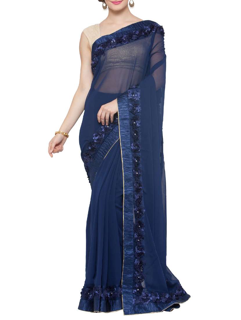 blue georgette bordered saree with blouse