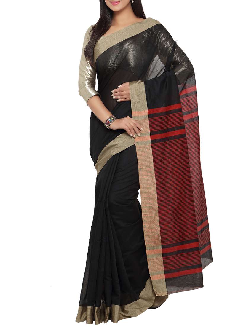 black cotton silk bordered saree with blouse