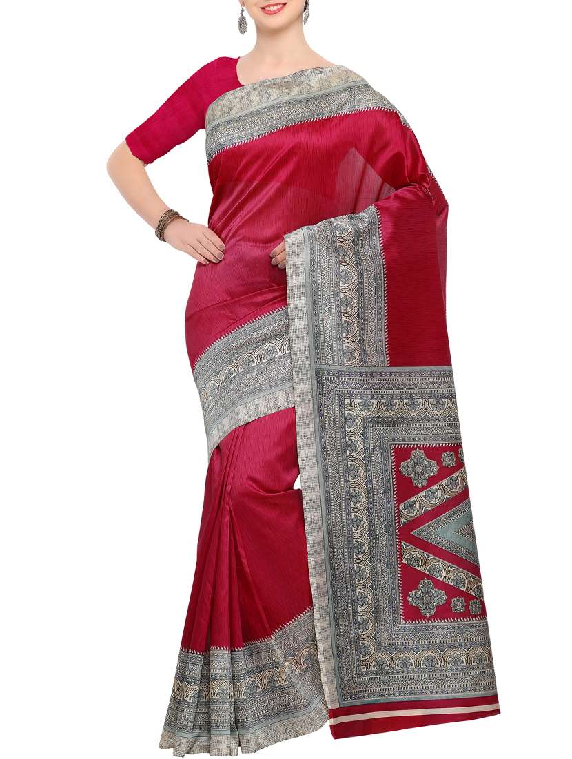 maroon silk printed saree with blouse