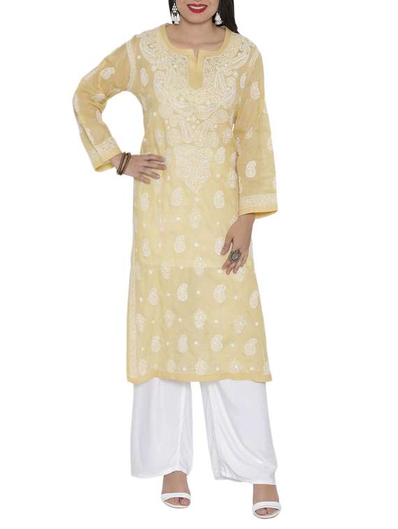 ada beige cotton chikankari straight kurta