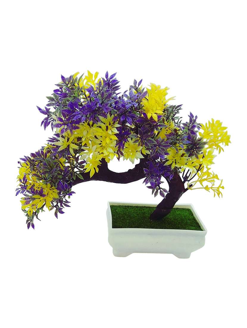 bent bonsai tree with yellow and purple leaves with melamine white pot with real looking green grass