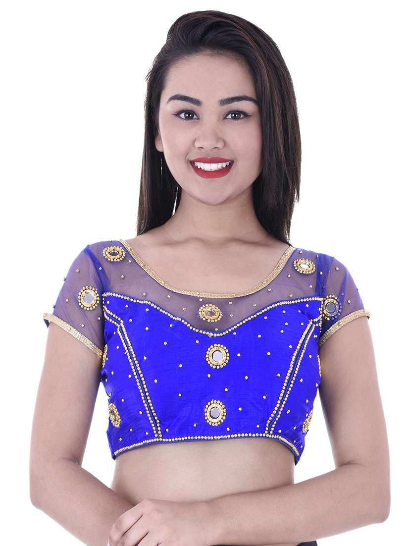 blue cotton blend embroidered blouse