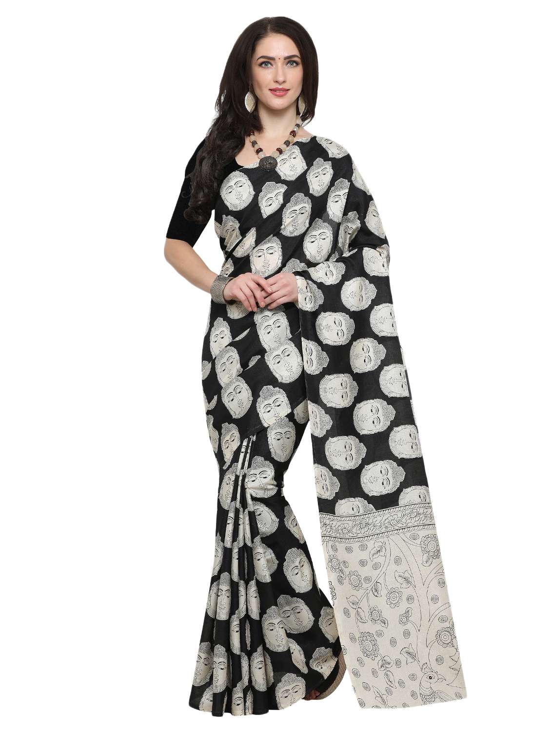 black khadi kalamkari printed saree with blouse
