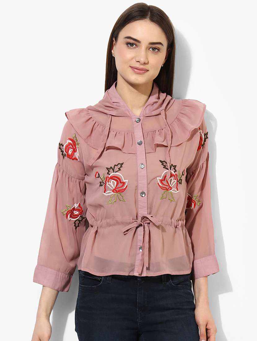 pink cotton embroidered shirt