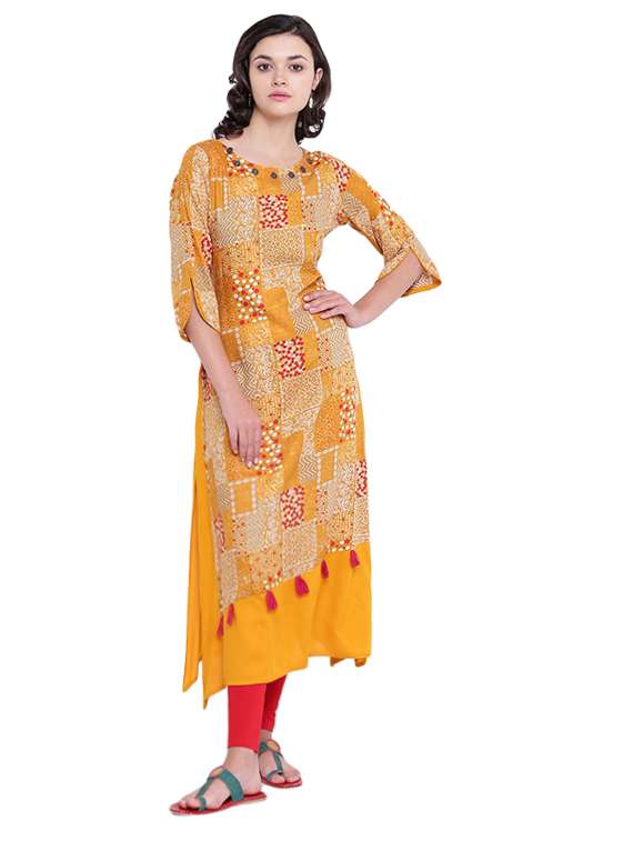 yellow rayon straight kurta - 15040156 - Zoom Image - 0