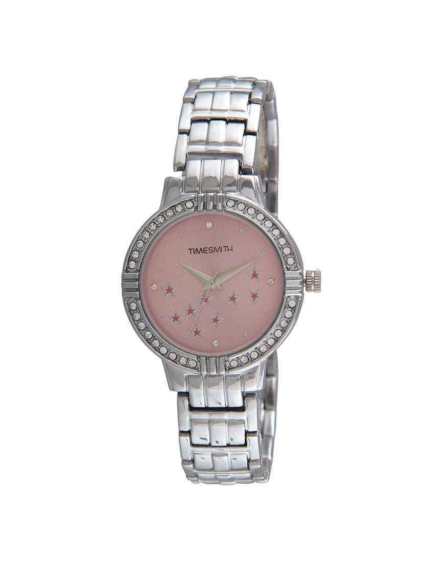 timesmith analog pink dial silver stainless steel watch