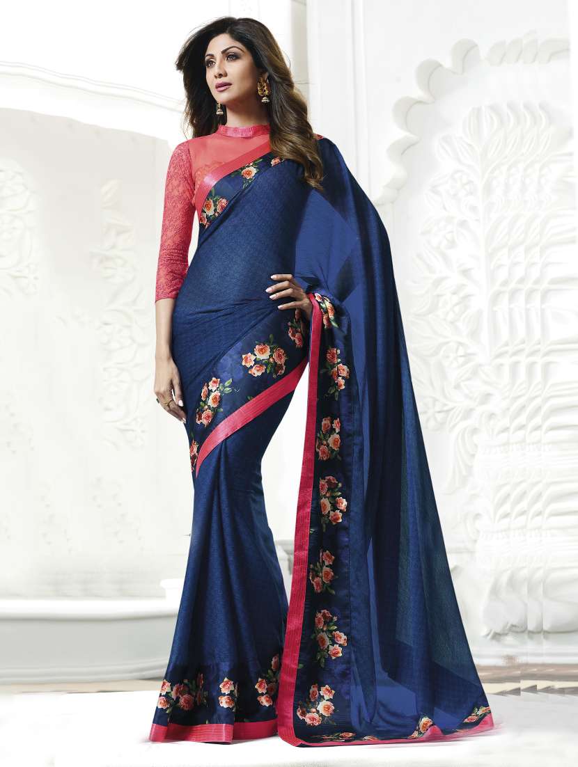 blue cotton printed saree with blouse
