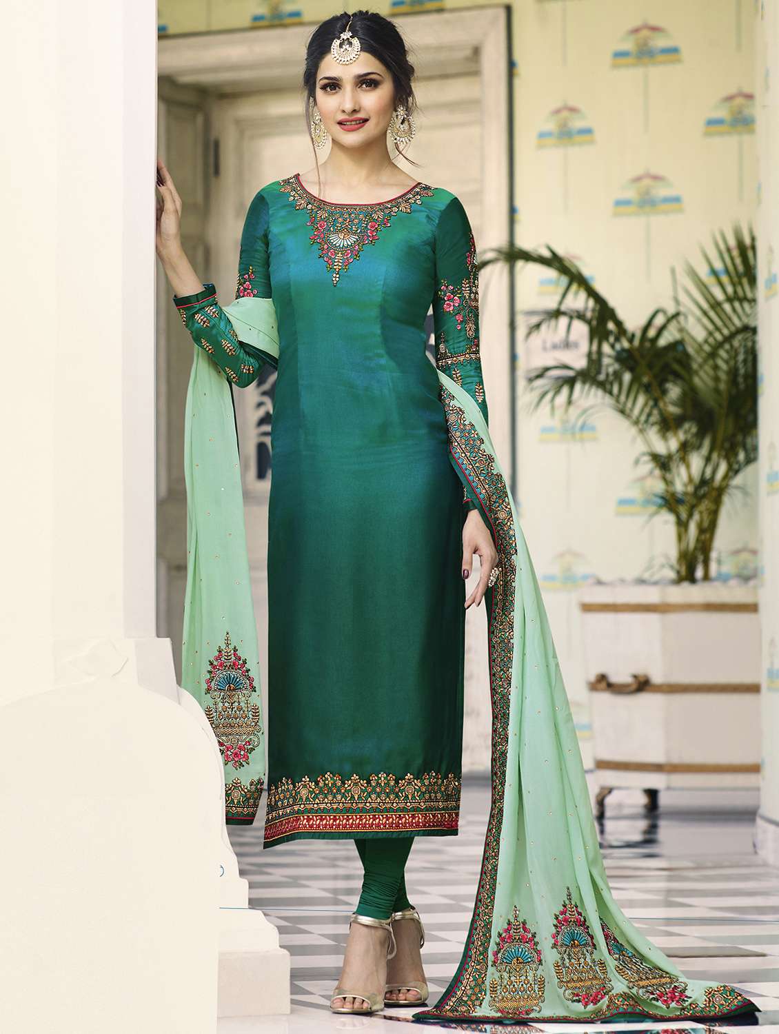 green georgette semi-stitched churidaar suit